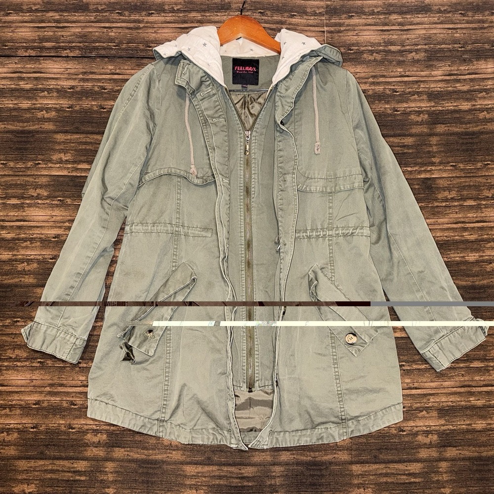Feel100% Utility Jacket Women M Green Hooded Military Cotton FEEL100
